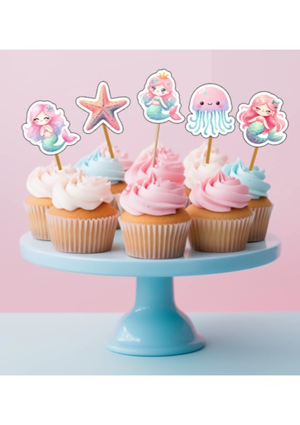 Hiras Dizayn 15ADET Denizkızı Mermaid Iyiki Doğdun Cupcake Doğum Günü Süsü Pasta Kürdanı  6-7cm Cupcake Pasta