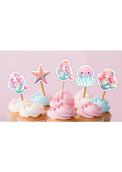 Hiras Dizayn 15ADET Denizkızı Mermaid Iyiki Doğdun Cupcake Doğum Günü Süsü Pasta Kürdanı  6-7cm Cupcake Pasta