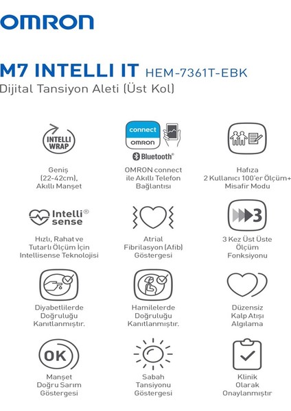 M7 HEM-7361T-EBK Koldan Ölçer Çift Hafızalı Tansiyon Aleti