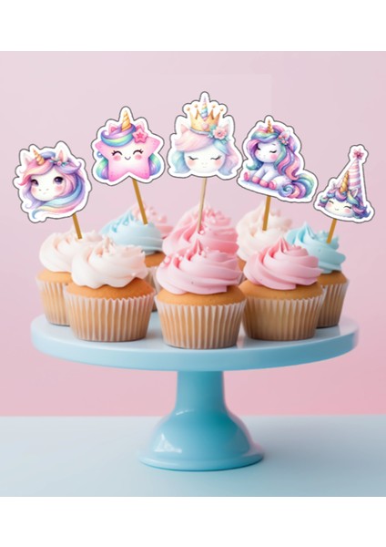 Hiras Dizayn 15ADET Unicorn Tekboynuz Cupcake Kürdanı  Doğum Günü Süsü Pasta Kürdanı  6-7cm Cupcake Pasta