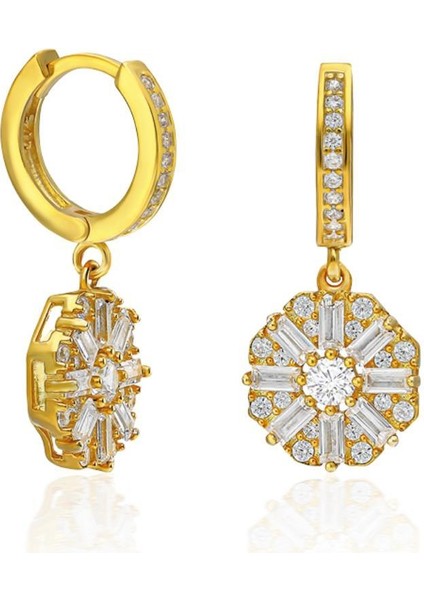 Baget Taşlı Çiçek Desenli Küpeler