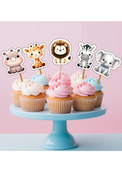 15ADET Safari Orman Hayvanları Konsept Cupcake Doğum Günü Süsü Pasta Kürdanı 6-7cm Cupcake Pasta