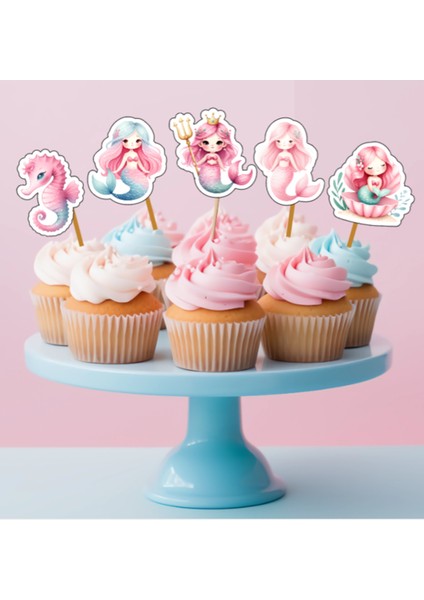 Hiras Dizayn 15ADET Denizkızı Mermaid Sualtı Cupcake Doğum Günü Süsü Pasta Kürdanı  6-7cm Cupcake Pasta