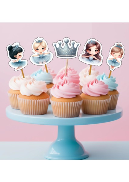 15ADET Mavi Balerin Sevimli Cupcake Doğum Günü Süsü Pasta Kürdanı 6-7cm Cupcake Kürdanı