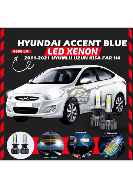Hyundai Accent Blue 2011-2021 Uzun-Kısa Far Uyumlu Şimşek Etkili LED Xenon Pro Series H4