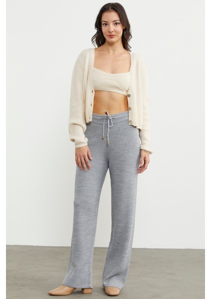 Ince Fitilli Beli Lastikli Triko Pantolon - Gri