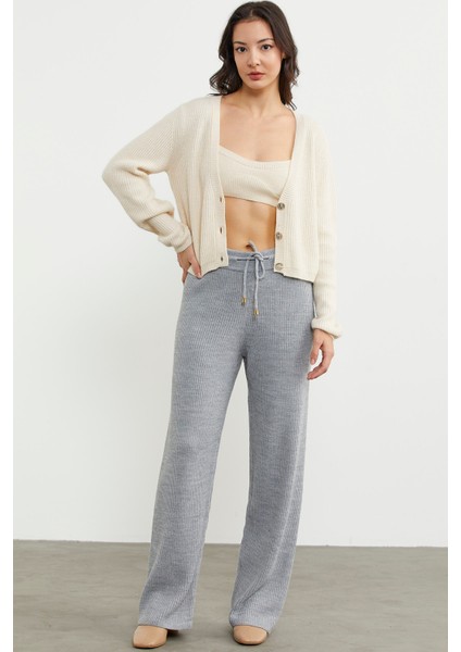 Ince Fitilli Beli Lastikli Triko Pantolon - Gri fiyatları