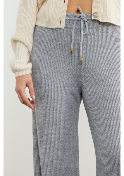 Ince Fitilli Beli Lastikli Triko Pantolon - Gri modelleri