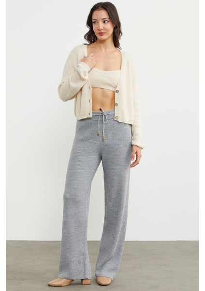 Ince Fitilli Beli Lastikli Triko Pantolon - Gri fırsatları