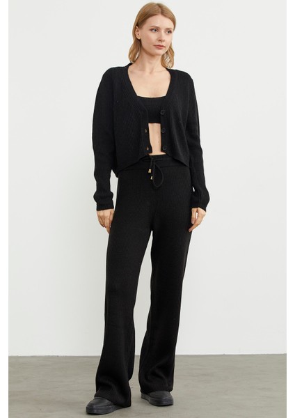 Ince Fitilli Beli Lastikli Triko Pantolon - Siyah