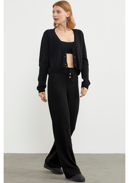 Ince Fitilli Beli Lastikli Triko Pantolon - Siyah fiyatları