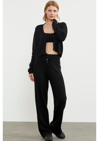 Ince Fitilli Beli Lastikli Triko Pantolon - Siyah modelleri