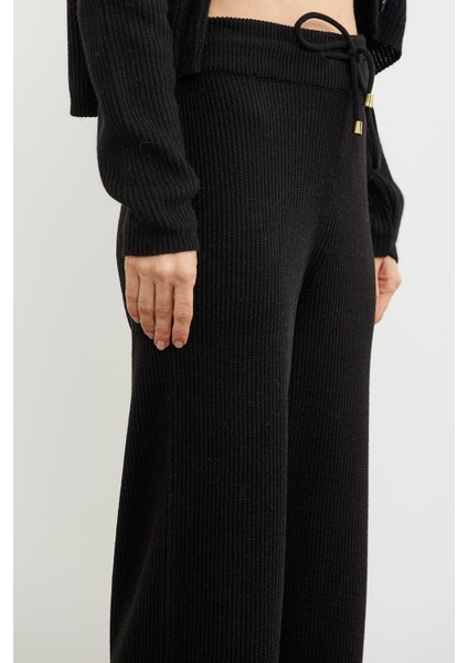 Ince Fitilli Beli Lastikli Triko Pantolon - Siyah indirimleri