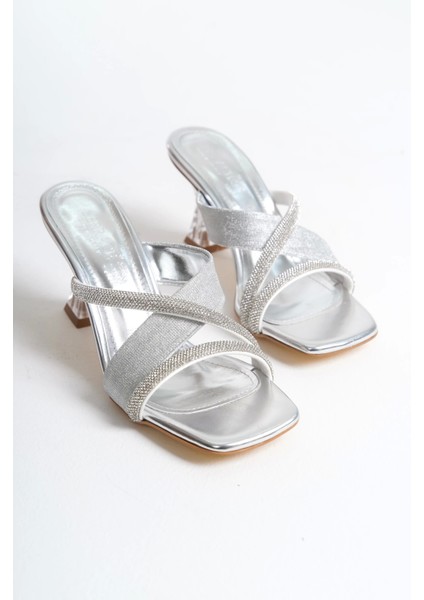 Cindy Kadın Taşlı Bantlı Şeffaf Topuk Gümüş Terlik modelleri