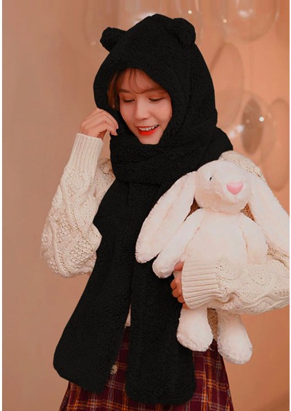 Kaşıkbey Beanie Kapşonlu Peluş Bere Atkı Kadın Welsoft Polar Boyunluk Şalı Rüzgar Geçirmez Şık Kulaklı Şapka