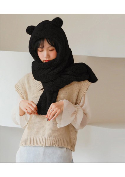 Kaşıkbey Beanie Kapşonlu Peluş Bere Atkı Kadın Welsoft Polar Boyunluk Şalı Rüzgar Geçirmez Şık Kulaklı Şapka