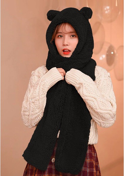 Kaşıkbey Beanie Kapşonlu Peluş Bere Atkı Kadın Welsoft Polar Boyunluk Şalı Rüzgar Geçirmez Şık Kulaklı Şapka
