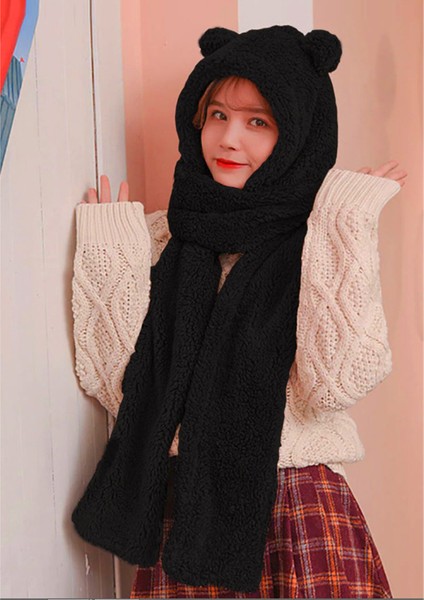 Kaşıkbey Beanie Kapşonlu Peluş Bere Atkı Kadın Welsoft Polar Boyunluk Şalı Rüzgar Geçirmez Şık Kulaklı Şapka