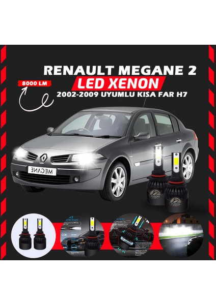 Renault Megane 2 2002-2009 Kısa Far Uyumlu Şimşek Etkili LED Xenon Light Series H7