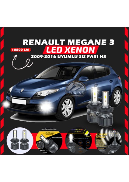 Renault Megane 3 2009-2016 Sis Farı Uyumlu Şimşek Etkili LED Xenon Premium Series H8