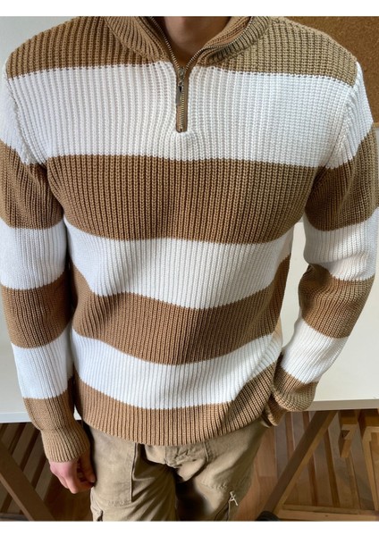 Vizon-Beyaz Fermuarlı Çizgili Desenli Triko Kazak fiyatları