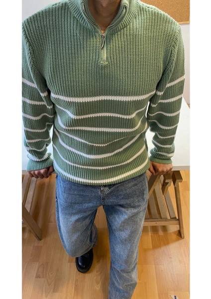 Su Yeşili-Beyaz Erkek Regular Fermuarlı Balıkçı Triko Kazak