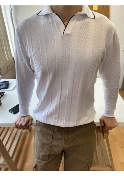 Beyaz Erkek Kalın Şeritli Polo Yaka Triko T-Shirt