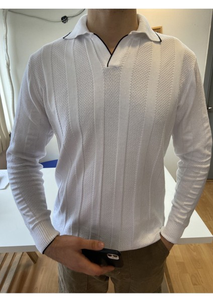 Beyaz Erkek Kalın Şeritli Polo Yaka Triko T-Shirt fiyatları