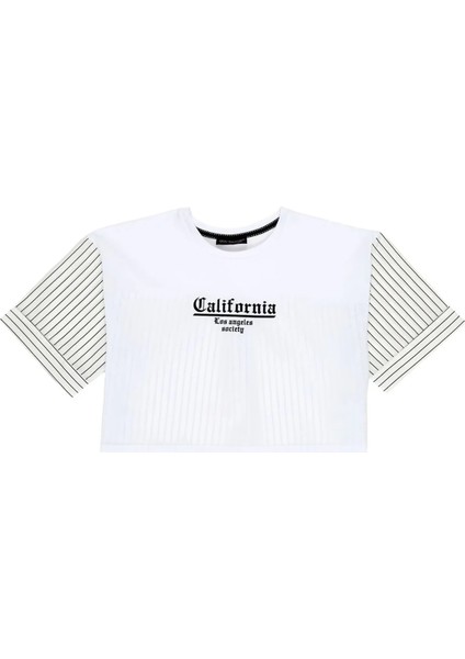 Çizgi Detaylı Baskılı Crop T-Shirt Ekru
