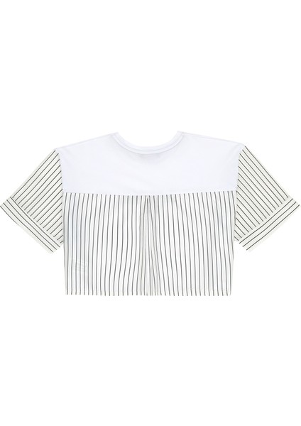 Çizgi Detaylı Baskılı Crop T-Shirt Ekru