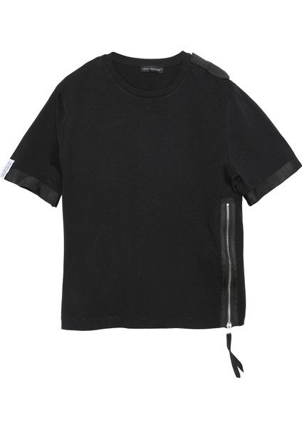 Fermuar Detaylı Bisiklet Yaka T-Shirt Siyah