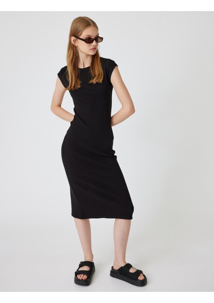 Midi Slip Elbise Bisiklet Yaka Kap Kol Slim Fit