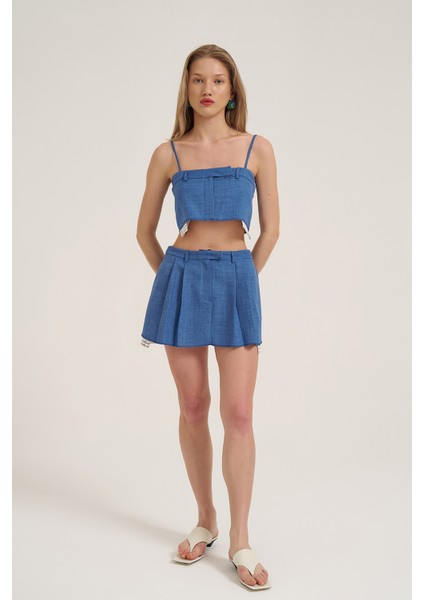 Kumaş Matchli Askılı Crop Bluz Indigo