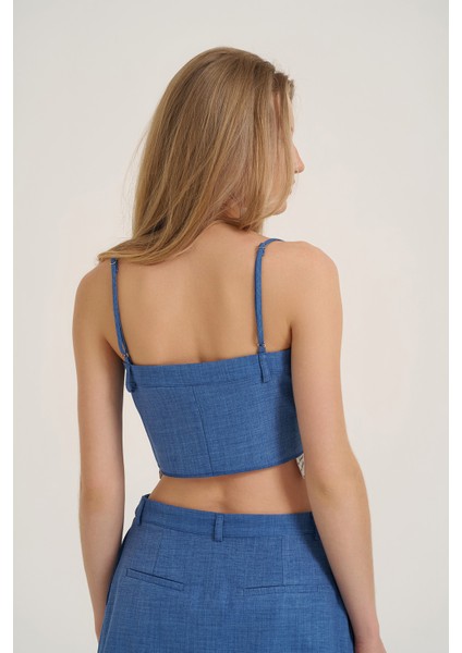 Kumaş Matchli Askılı Crop Bluz Indigo