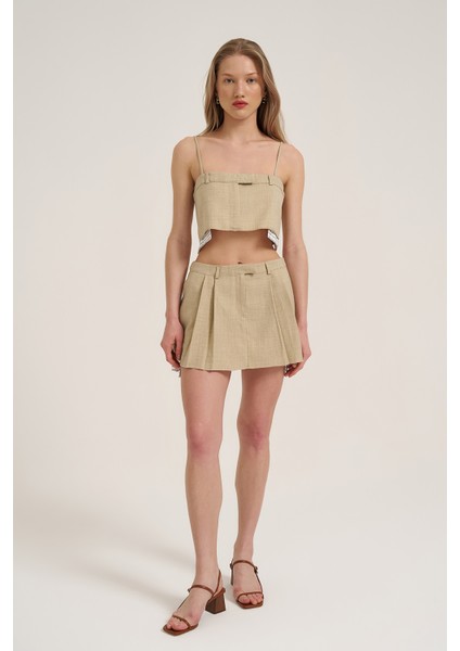 Kumaş Matchli Askılı Crop Bluz Taş