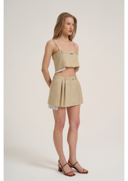 Kumaş Matchli Askılı Crop Bluz Taş