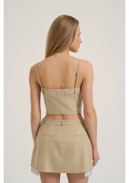 Kumaş Matchli Askılı Crop Bluz Taş