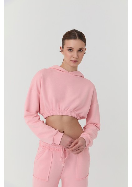 Kapüşonlu Crop Sweatshirt Pembe