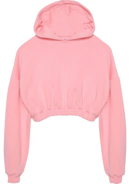 Kapüşonlu Crop Sweatshirt Pembe