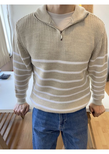 Vizon-Beyaz Erkek Regular Fermuarlı Balıkçı Triko Kazak