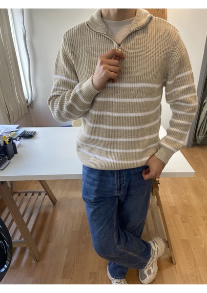 Vizon-Beyaz Erkek Regular Fermuarlı Balıkçı Triko Kazak fiyatları