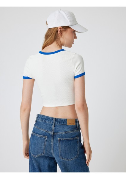 Crop Tişört Slogan Baskılı Bisiklet Yaka Biyeli Kısa Kollu Slim Fit
