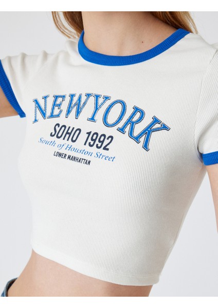 Crop Tişört Slogan Baskılı Bisiklet Yaka Biyeli Kısa Kollu Slim Fit