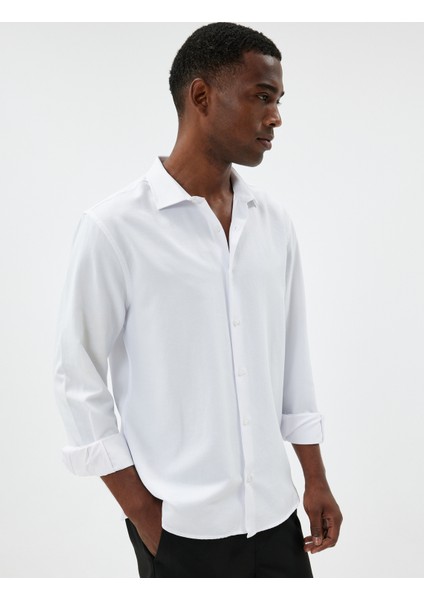 Slim Fit Gömlek Basic Uzun Kollu Pamuk Karışımlı