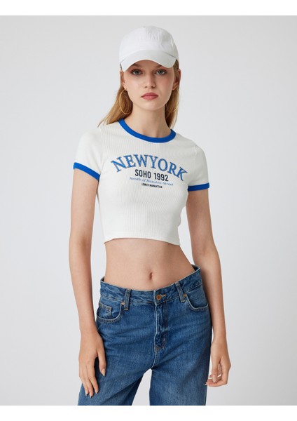 Crop Tişört Slogan Baskılı Bisiklet Yaka Biyeli Kısa Kollu Slim Fit