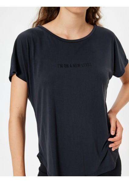 Oversize Spor Tişört Modal Slogan Baskılı Yarasa Kol Bisiklet Yaka