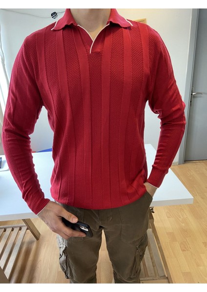 Kırmızı Erkek Kalın Şeritli Polo Yaka Triko T-Shirt fiyatları