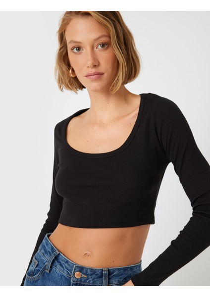 Uzun Kollu Crop Tişört Fitilli Derin Yuvarlak Yaka Pamuklu Slim Fit