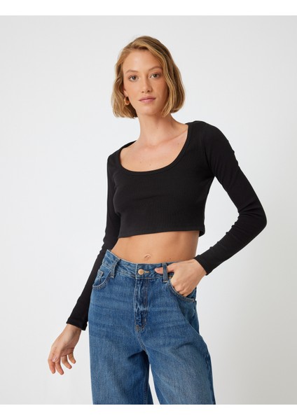 Uzun Kollu Crop Tişört Fitilli Derin Yuvarlak Yaka Pamuklu Slim Fit