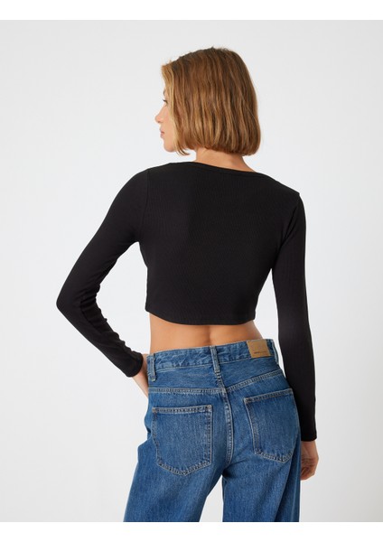 Uzun Kollu Crop Tişört Fitilli Derin Yuvarlak Yaka Pamuklu Slim Fit